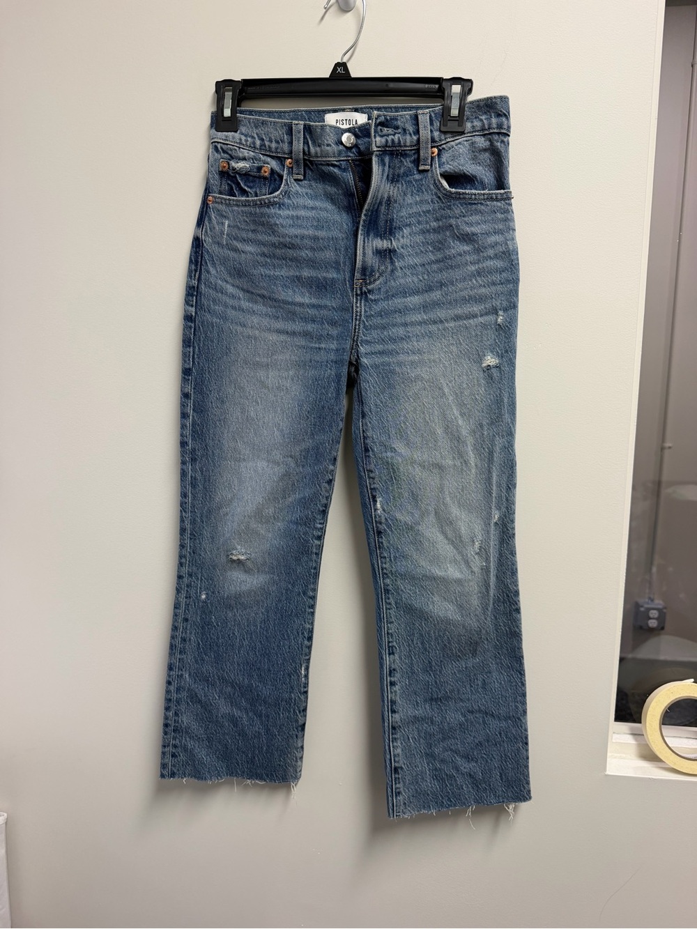 Pistola size 25 Women’s Blue Denim Straight Jeans, Medium Wash, Distressed